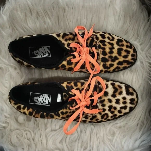 Vans Authentic Lowpro Skate Shoe Leopard Print Neon Orange Laces - Picture 6 of 6